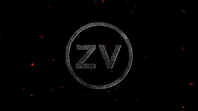 Abstract artistic logo symbol with letters ZV inside a glowing circular frame surrounded by floating embers