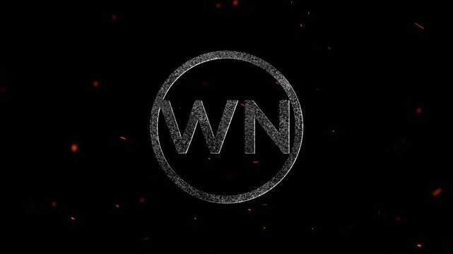 Abstract circular emblem featuring the letters WN surrounded by floating fire particles and glowing embers