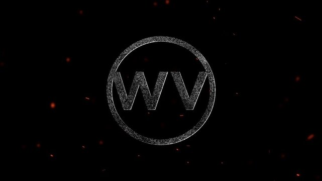 Abstract circular emblem with letters WV featuring glowing particle texture and fire sparks