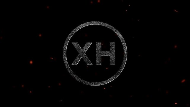 Abstract circular emblem with letters X and H featuring gritty texture and small glowing particles floating around