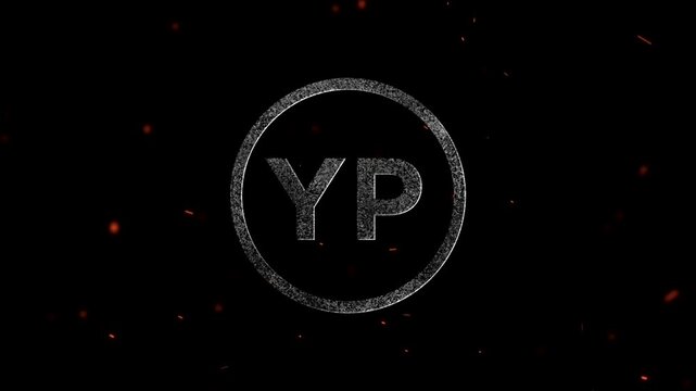 Abstract circular logo with letters YP composed of tiny particles and glowing embers