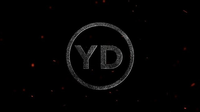 Abstract design featuring the letters YD enclosed within a glowing circular frame with floating embers