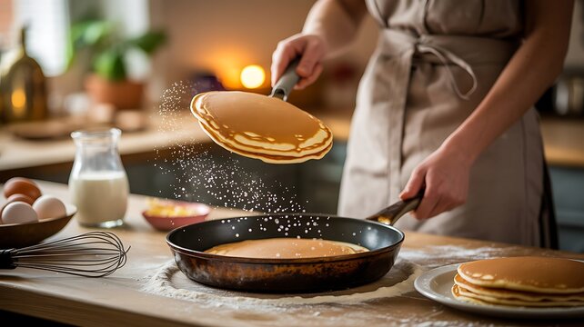 Chef flips golden pancake in frying pan while preparing kitchen meal.