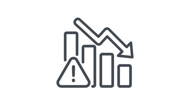 Financial decrease graph with downward arrow and warning sign indicating economic crisis and loss