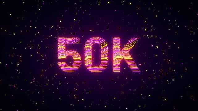 Dynamic 3D animation of a rotating 50K number with flowing purple, yellow, and magenta light trails, glowing particles, and cosmic sparkles creating a futuristic digital achievement scene.