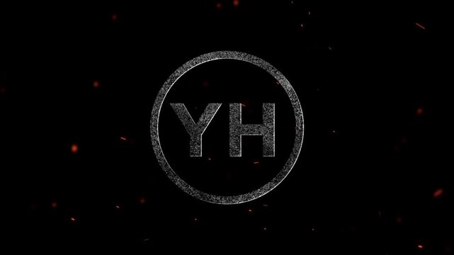 Abstract glowing particles forming the letters YH inside a circular frame