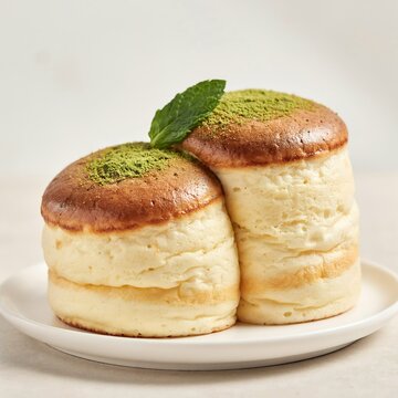 Souffle pancakes topped with powdered green tea and mint leaf sit on plate.
