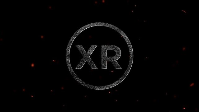 Glowing digital XR text letters inside a circular frame with floating particles