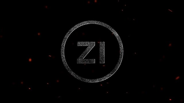 Glowing abstract circular frame with the letters ZI inside against a dark particle background