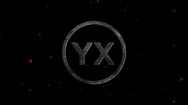Glowing metallic letters YX inside a circular frame with floating particles