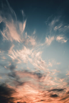 View of sunset sky with wispy cirrus clouds over Vormsi, Laane County, Estonia.
