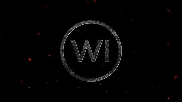 Glowing metallic letters WI inside a circular frame with floating embers