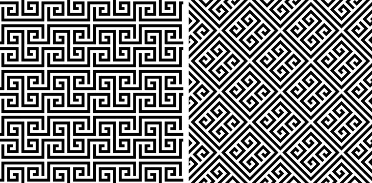 Greek seamless pattern. Repeating greece patterns. Black ancient patern isolated on white background. Repeated roman texture. Greco key. Mayan border. Athens fret. Aztec graphic. Vector illustration