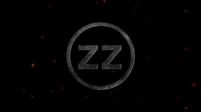 Glowing metallic letters zz inside a circular frame with floating embers