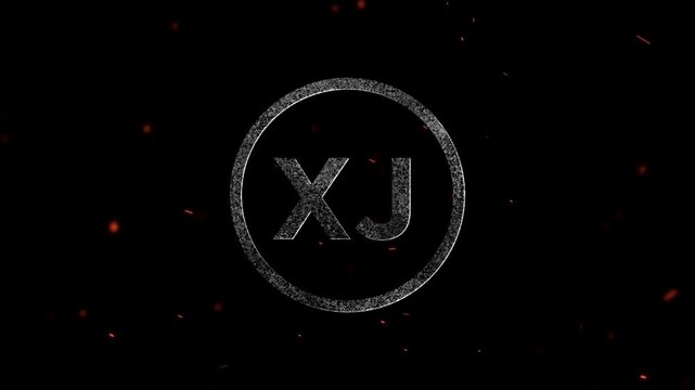 Glowing neon circular emblem with the capital letters XJ inside a digital fire particle effect frame