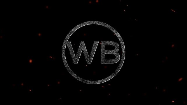 Glowing neon letters WB inside a circular frame with floating embers