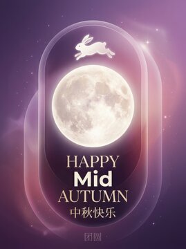 Rabbit jumping over full moon during Mid Autumn festival with festive text