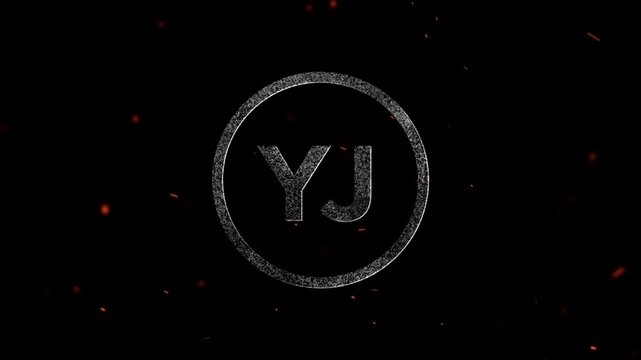 Glowing particle letter YJ monogram inside a circular frame with floating embers