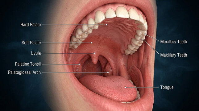 Medical illustration of human mouth anatomy showing teeth tongue and palate parts labeled