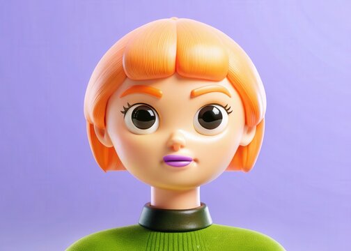 3D Animated Character with Orange Hair and Purple Lipstick