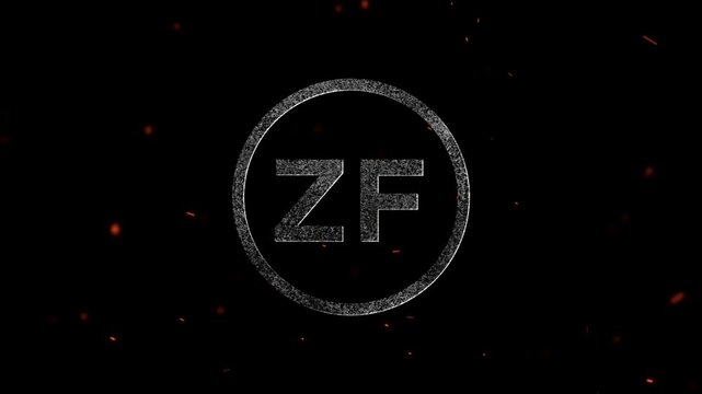 Glowing particle letter ZF inside a bright circular frame with floating embers