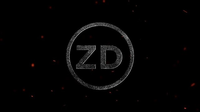 Glowing particle letter ZD logo inside a circular frame with embers flying around