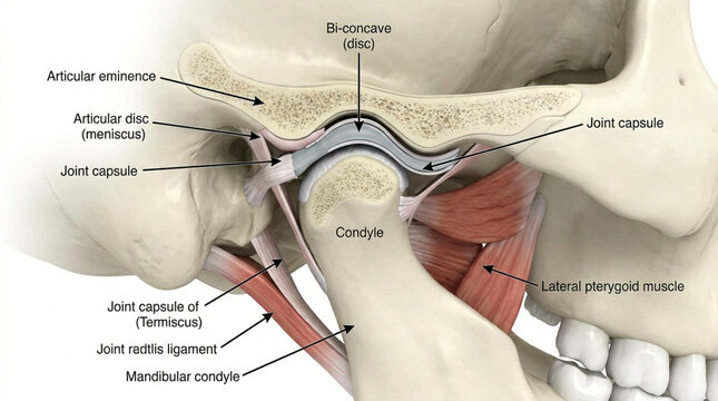 Anatomical diagram of the human temporomandibular joint showing jaw bone and disc structure