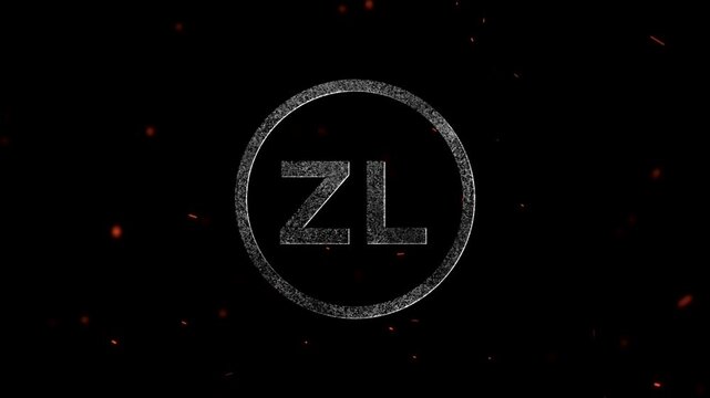 Glowing particle letter ZL logo design within a circular frame with floating embers