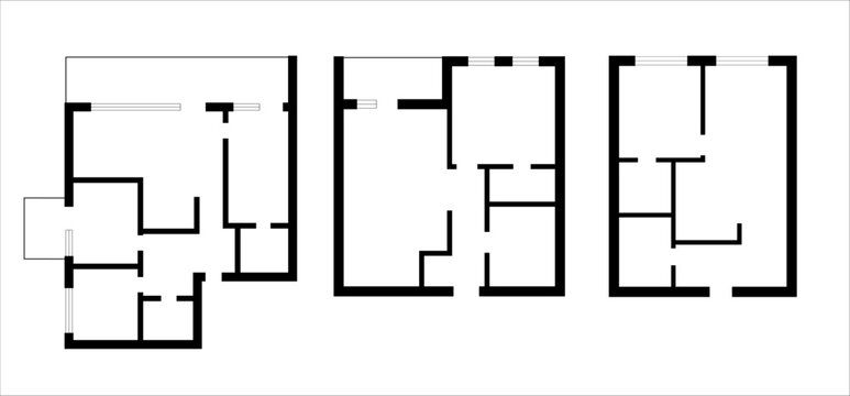 Set of apartment floor plans featuring detailed room layouts including kitchen, bathroom, balcony, and bedroom spaces for interior design projects