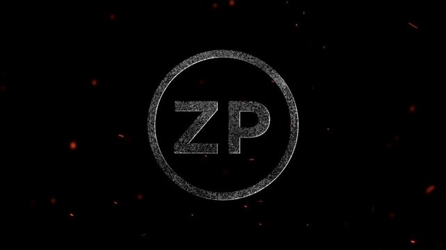 Glowing particle letter ZP logo design inside a circular frame with floating sparks