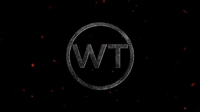 Glowing silver letters WT inside a circle with floating orange fire particles around the frame