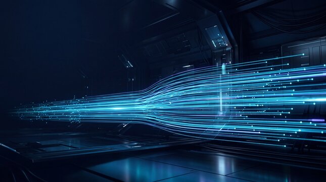 Futuristic Data Transfer Light Streams in Dark Technology Room