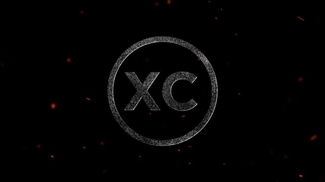 Graphic design featuring the letters XC inside a circular frame with particle effects