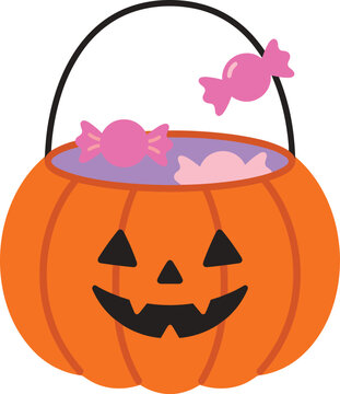 Cute cartoon Halloween carved pumpkin candy bucket filled with wrapped pink sweets for trick or treat isolated on white background