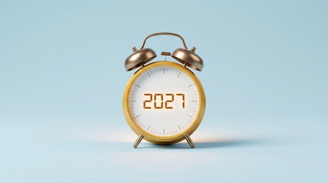 Golden alarm clock displaying glowing digits representing the upcoming year twenty twenty seven