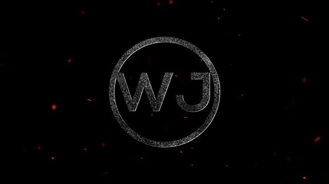 Letters WJ inside a circular frame with metallic textured effect and floating embers