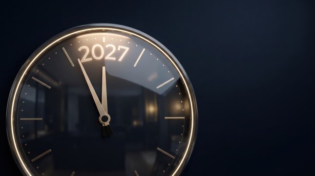Modern clock face glowing with golden lights showing year twenty twenty seven countdown time