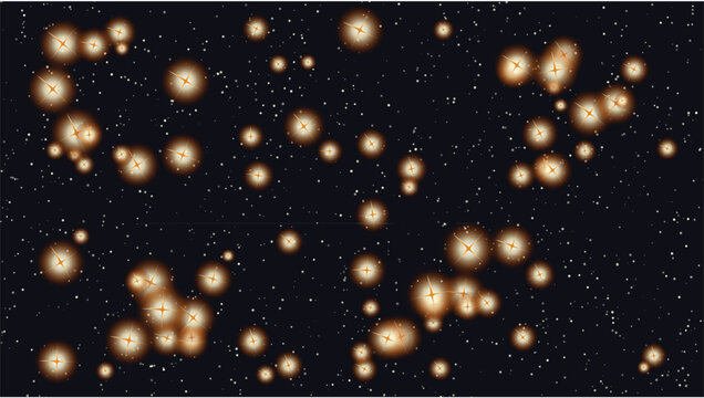 Abstract glowing orbs create a cosmic night sky effect, evoking a sense of wonder and deep space exploration with sparkling, golden lights, perfect for atmospheric backgrounds and digital art projects