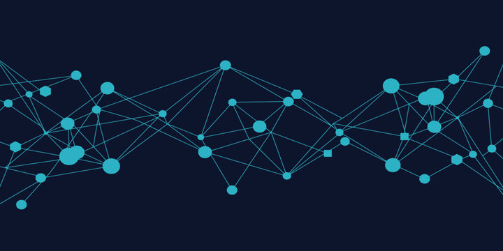 Digital network connection vector illustration featuring glowing turquoise nodes and intricate lines creating futuristic communication pathways across a dark blue background representing advanced tech