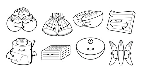 Fototapeta premium Collection of eight cute Indonesian traditional snack characters in outline line art style. Kawaii kue basah bundle including klepon, pudak, pukis, lapis, nagasari, gethuk, apem, and klanting