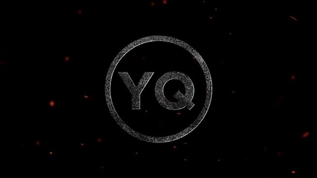 The letters YQ inside a circular frame with particle fire embers