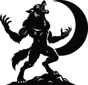 Dynamic black and white vector silhouette of a ferocious werewolf howling at a giant crescent moon for dark fantasy art