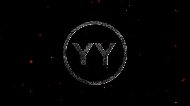 The letters yy inside a circular frame with particles and glowing embers