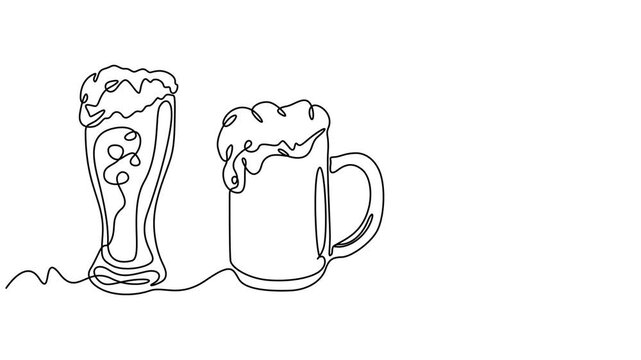 Animated continuous one line drawing of Beer mug. One continuous self drawing line animation, Self drawing animation one continuous line draw, logo, Abstract hand with two mugs, glass beer, minimalist