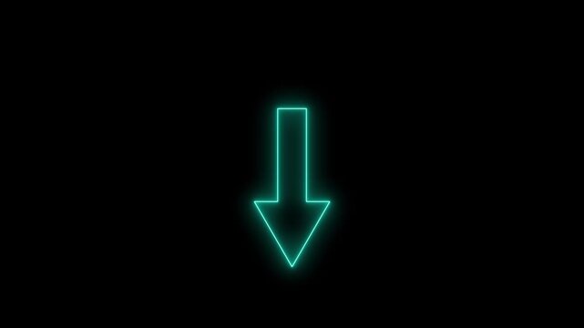 Neon arrow pointing down glowing cyan light animation isolated on black background for user interface navigation