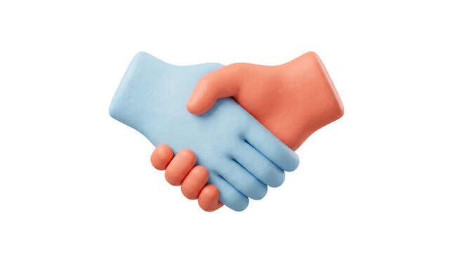 3d clay handshake icon, pastel blue and orange hands shaking, business partnership deal illustration, corporate agreement symbol isolated PNG with Transparent Background