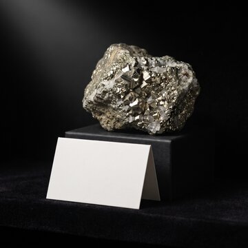 Pyrite Crystal Cluster On Black Stand With Blank Card