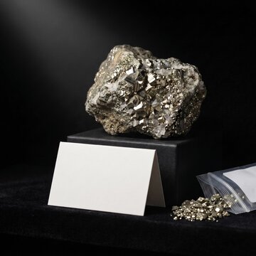 Pyrite Cluster With Blank Card And Bag Of Loose Crystals