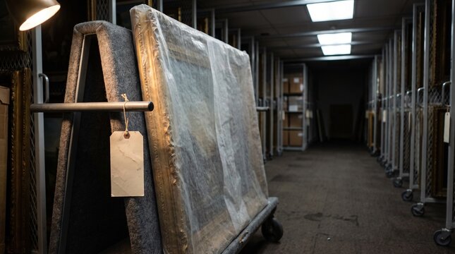 Wrapped Antique Painting On Storage Rack With Blank Tag And Lamp