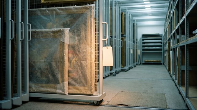 Museum Storage Corridor With Wrapped Paintings On Sliding Racks